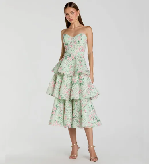 Green Floral Tiered Strapless Midi Dress